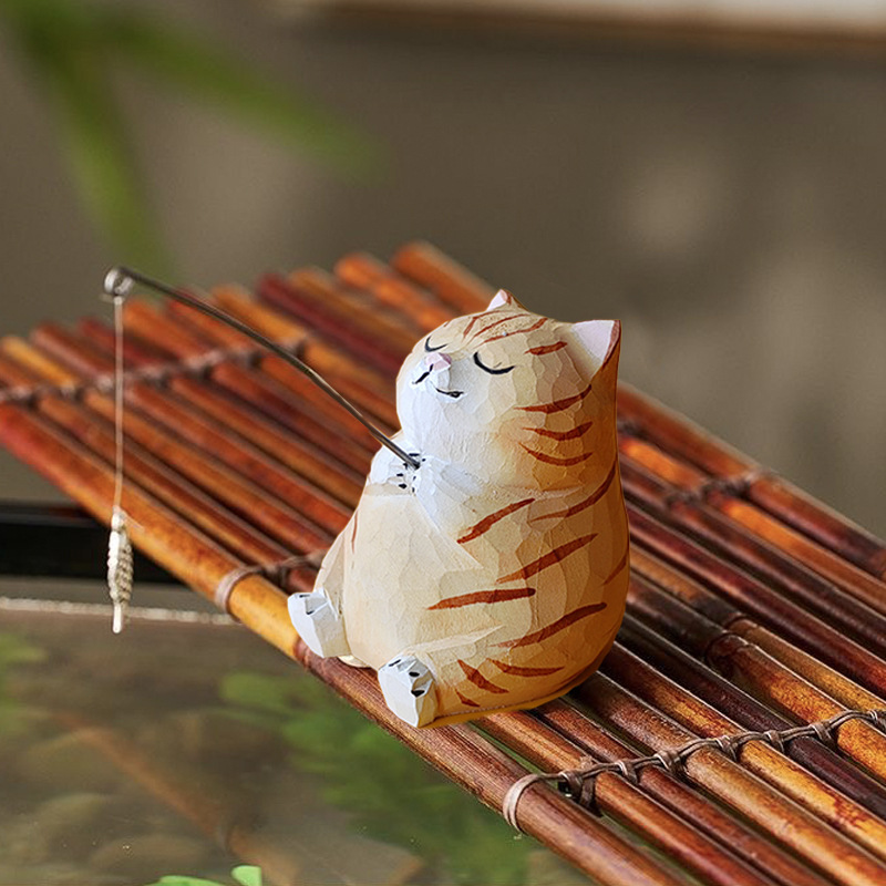 钓鱼小猫纯手工实木雕刻小动物工艺品客厅办公室桌面摆件家居饰品|undefined