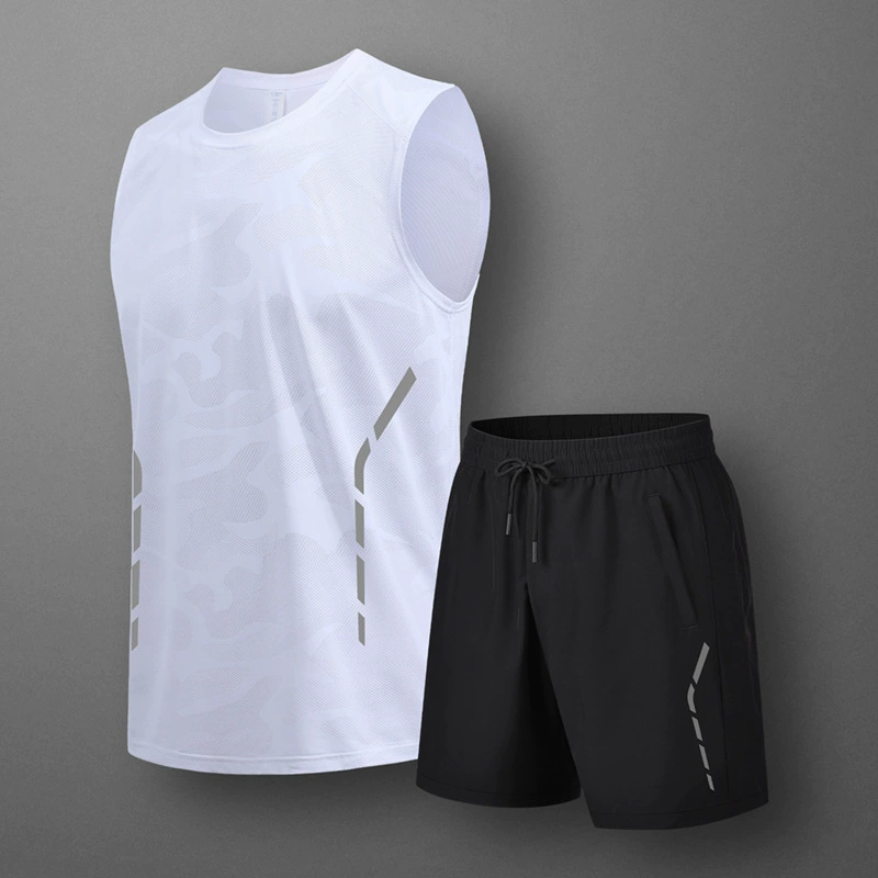 Спортивный костюм мужской летний тонкий быстросохнущий дышащий жилет из ледяного шелка молодежный повседневный спортивный комплект из двух предметов для бега