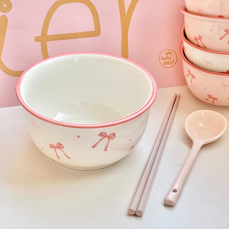 粉色ins风蝴蝶结陶瓷餐具套装面碗家用饭碗盘子釉下彩好看少女心|undefined
