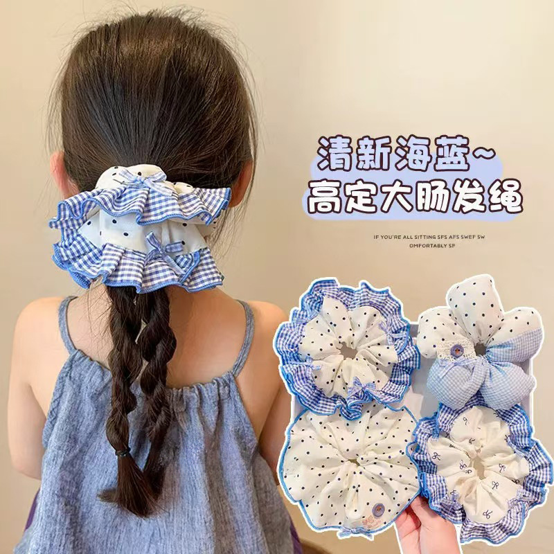 蓝色格纹儿童大肠发圈女童五一出游头饰大号发绳扎丸子头头花发饰