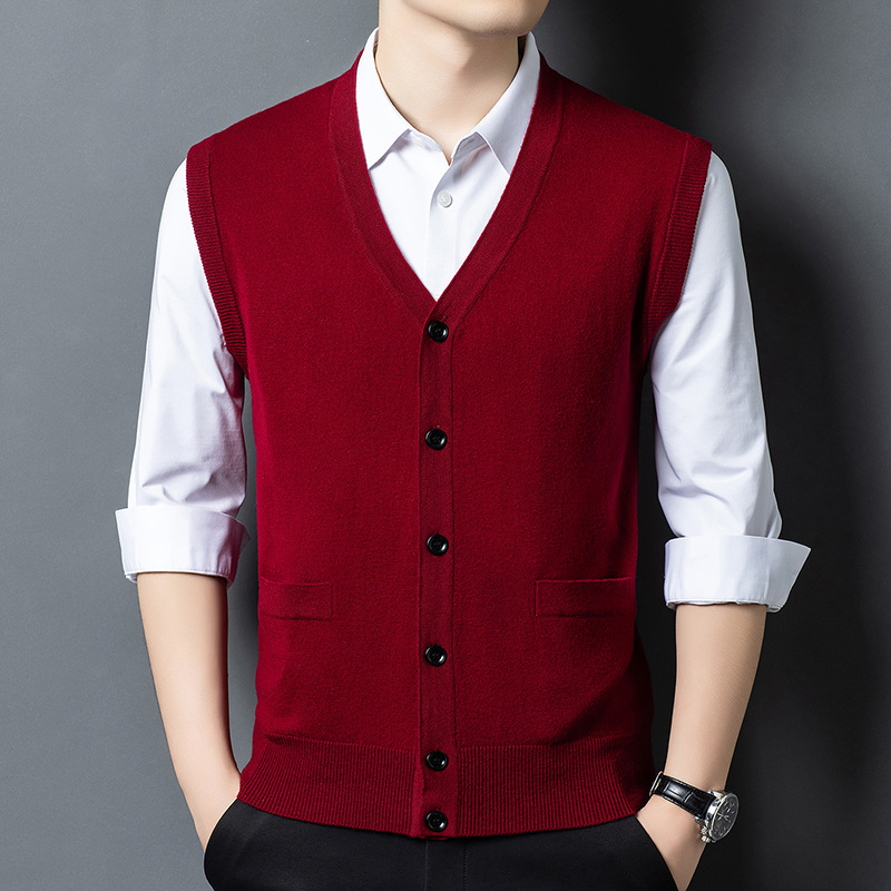 Thickened Wool Vest for Men, Middle-Aged V-Neck Casual Loose 100 Pure Wool Knitted Inner Cardigan Vest