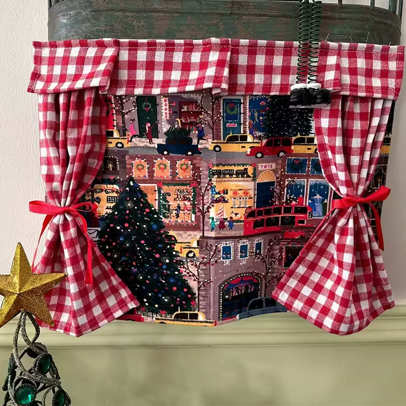 可爱卡通圣诞墙面氛围挂布红格子窗帘卧室背景布圣诞节装饰背景