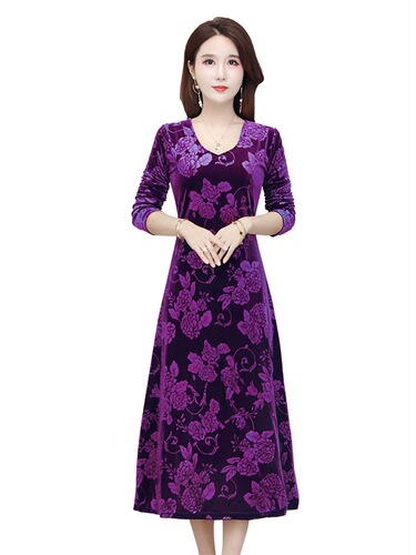 Velvet 3D Printed Dress for Women - Spring and Autumn/Winter Plus Size - Elegant and Slimming - Mother's Dress - Large Swing Over-Knee Length