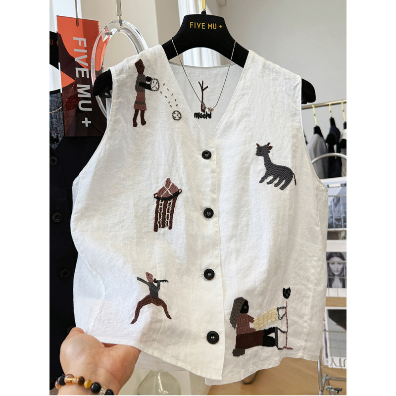 高級綿麻重工刺繍韓系vネックベストの外に袖なしの肩の上着を着ています。|undefined