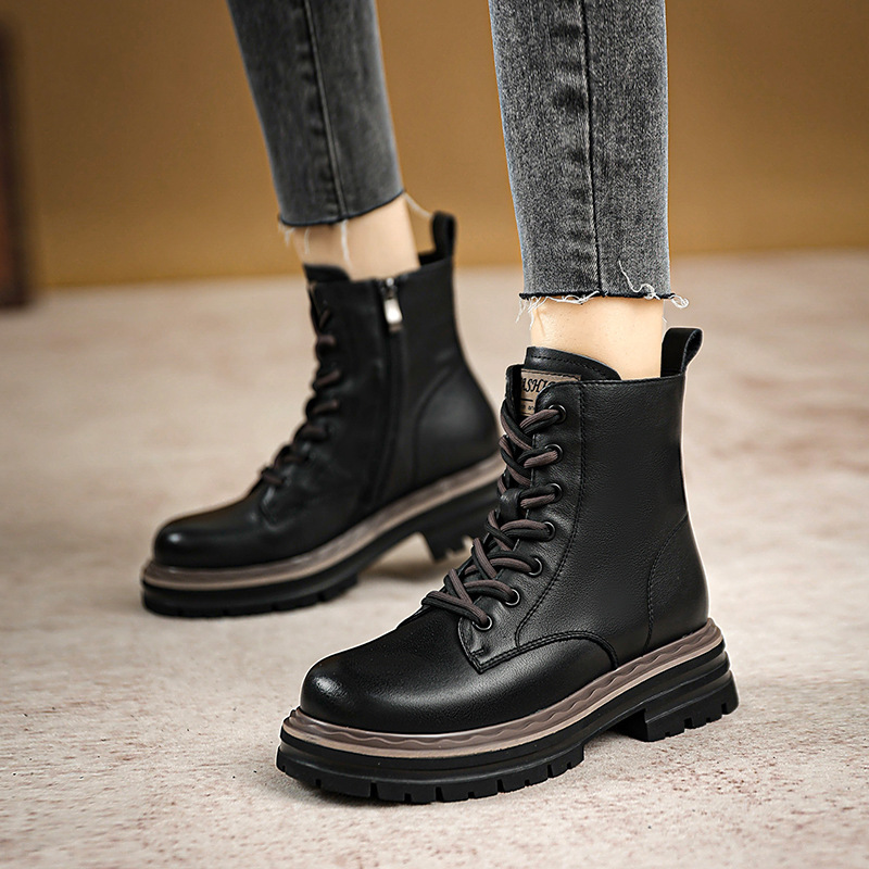 [Clearance Sale] Double-Strap Lace-Up Platform Martin Boots, Genuine Leather Riding Boots, British Style Genuine Leather Short Boots, Height-Increasing Leather Boots