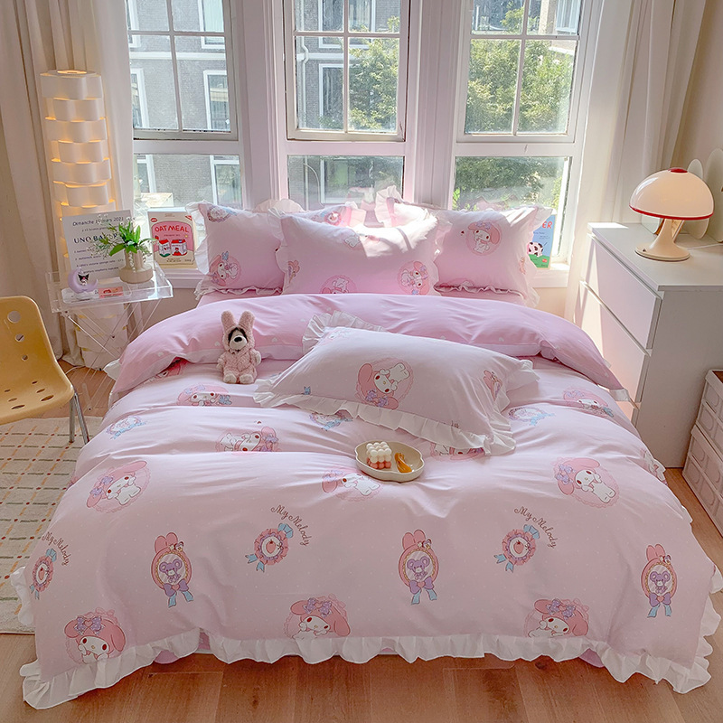 三丽鸥纯棉花边款四件套全棉公主风卡通HelloKitty床单被套床裙款|undefined