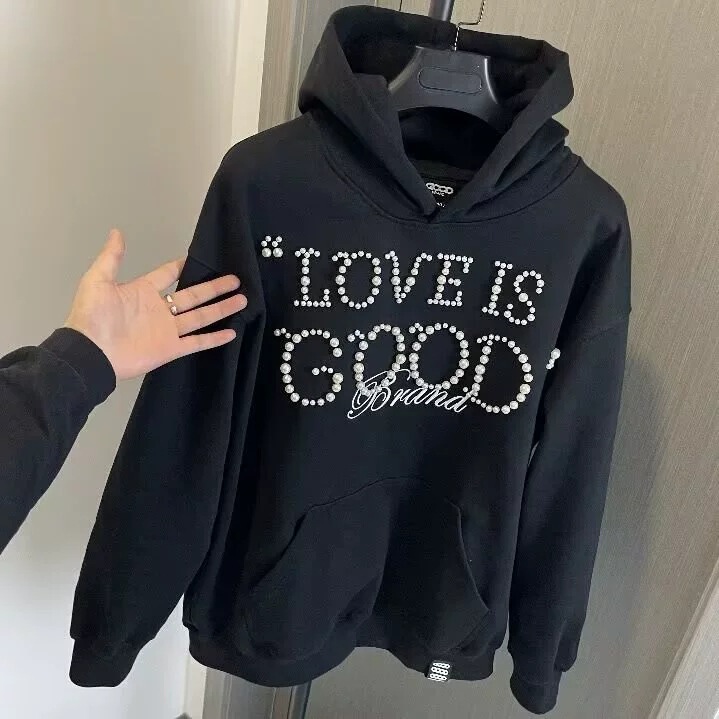 Celebrity-Inspired Good Heavy-Duty Three-Dimensional Pearl Hooded Sweatshirt for Men and Women, Loose Fit, Light Luxury, Fashionable and High-End Feel for Autumn and Winter