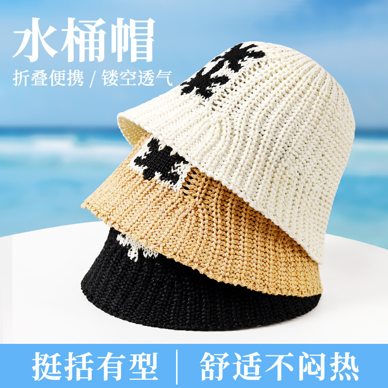 夏用のかわいい編み込みペーパーラタンフィッシャーマンハット、四つ葉のクローバーフラワードーム、短いつば、快適で多用途、蒸し暑い、ユニセックス|undefined