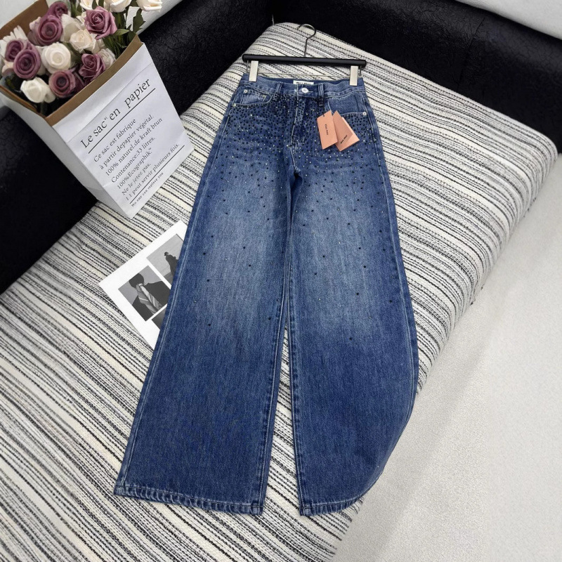 mm25早春新款高腰显瘦重工满天星烫钻绣花牛仔裤