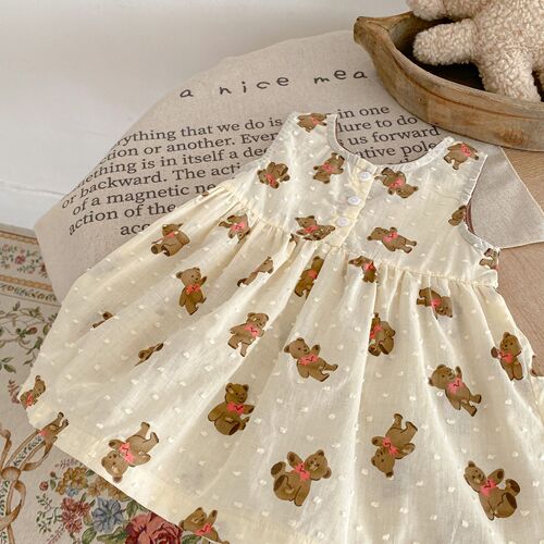 ins  summer clothes for infants and young children, baby girls, cotton bear print, cut-out craft vest, small long skirt