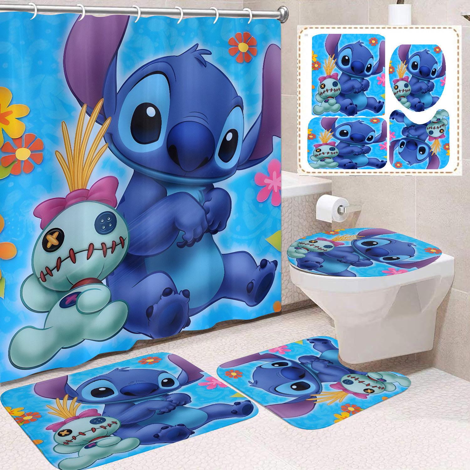 Venta directa de fábrica lindo baño de dibujos animados de cuatro piezas cortina de ducha impermeable cortina de ducha sin perforación cortina de partición de baño de baño