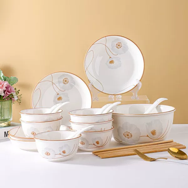 6 bowls, 4 plates, 6 spoons, 6 chopsticks 1 soup bowl 1 spoon