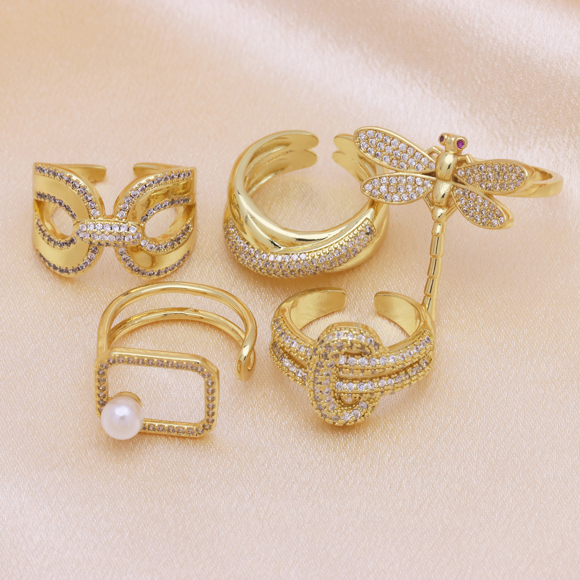 7g Weight 18K Gold Plated Plating Material Pearl, Zircon Inlay Material Open Rings Classification Adjustable Ring Size 1 Piece Quantity Holiday, Daily Occasion Copper Material Geometric, Dragonfly Pattern Women's Gender Inlay Design Simple Style, IG Style Style Copper 18K Gold Plated Inlay Geometric Dragonfly Pearl Zircon Open Rings 3