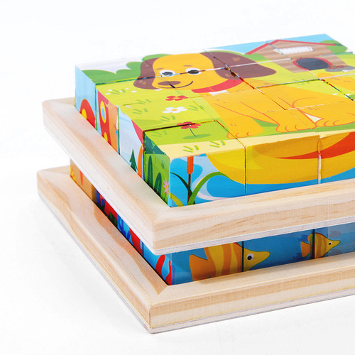 Wooden six-sided picture puzzle three-dimensional traffic animal puzzle children's puzzle assembled building blocks early education educational toys