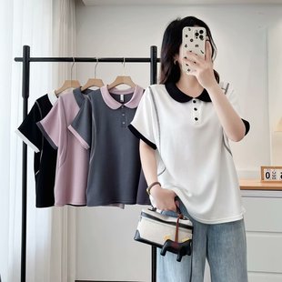 Fat Girl Summer New Casual Contrast Color Doll Collar Short Sleeve 100kg Plus Size Women's Casual T-Shirt Top 7691