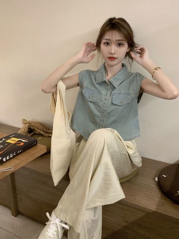今年流行的牛仔衬衫马甲女2023夏季新款宽松显瘦百搭时尚短款马夹|undefined
