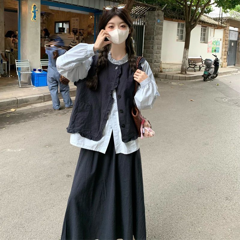 大码女装2025秋季边百搭衬衫+荷叶边格子马甲+半身裙时尚套装|undefined