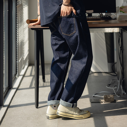 TRS Men's Clothing | Classic Japanese Workwear 14OZ Denim Blue Straight Leg Wide Leg Loose Fit Men's Jeans
