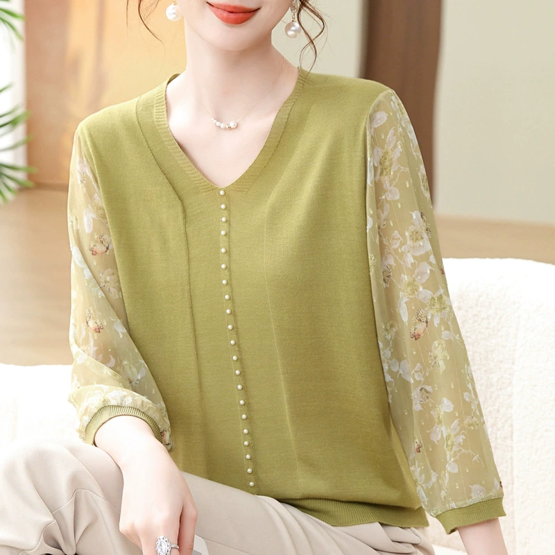 Весенняя одежда для мам среднего возраста, трикотажная рубашка в западном стиле с V-образным вырезом и рукавами из пряжи, весенне-летняя тонкая футболка для женщин среднего и пожилого возраста, нижняя рубашка, Топ