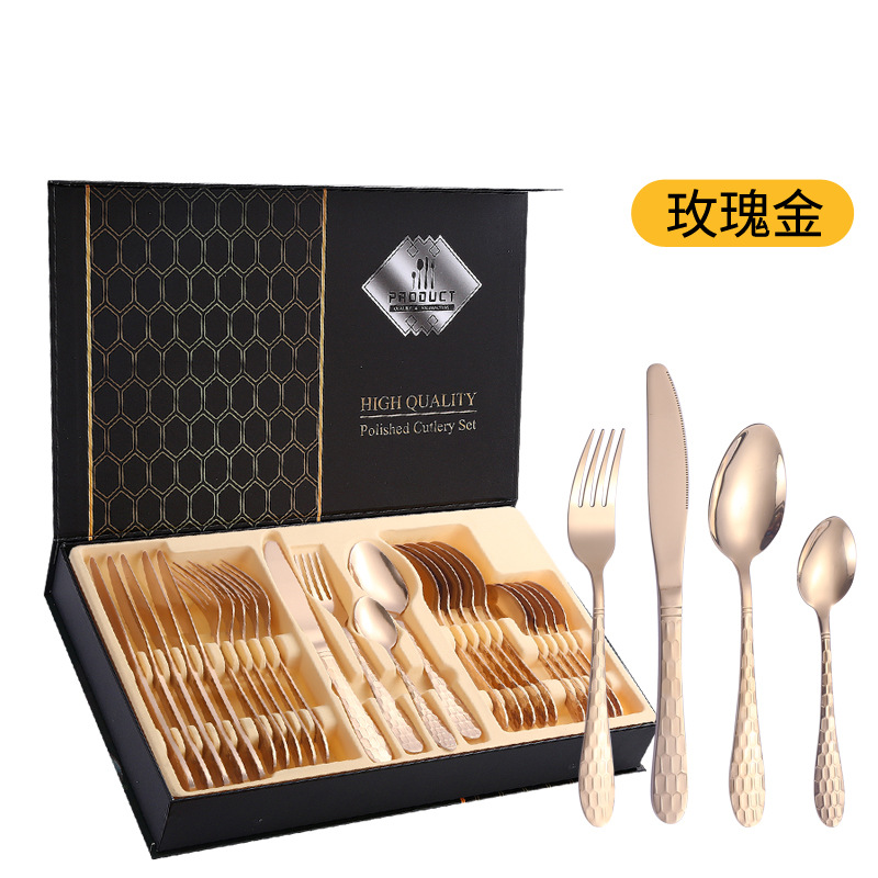 Cuchilleras de acero inoxidable 24 piezas de restaurante de hotel cuchillo y tenedor cucharas conjuntos conjuntos de caja de regalo de serie de cubo de agua transfronteriza