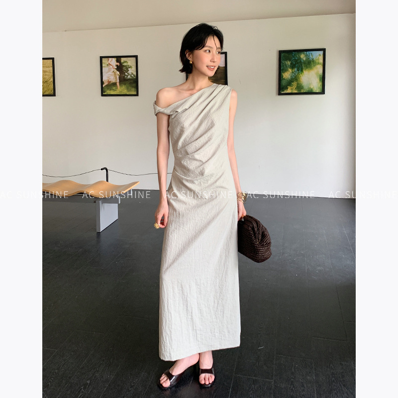 Ac Sunshine Slanted Collar Twisted Off-Shoulder Waist-Cinching French Mid-Length Dress for Women Summer New Style Dress H8515