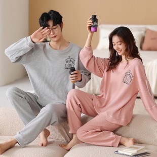 2024 new couples pajamas spring and autumn thin waffle long sleeve suit one man and one woman can wear outside home clothes