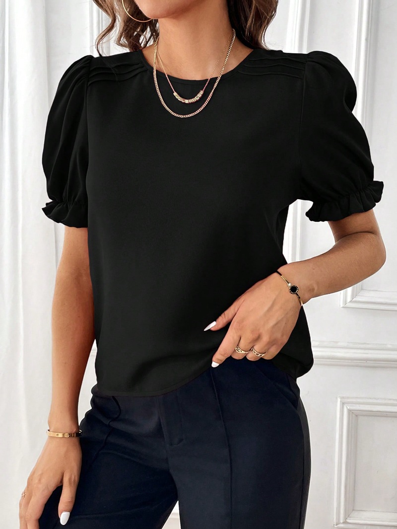 203g Weight Short Sleeve Sleeve Length Pullovers Placket Type Bishop Sleeve Sleeve Type Polyester Fabric Type Regular Top Length Blouse Tops Type Daily Occasion Round Neck Neckline Regular Fit Fit Type Solid Color Pattern Summer, Spring Season Women's Gender Elegant, Streetwear Style Wholesale Women's Elegant Streetwear Solid Color Short Sleeve Blouses 7