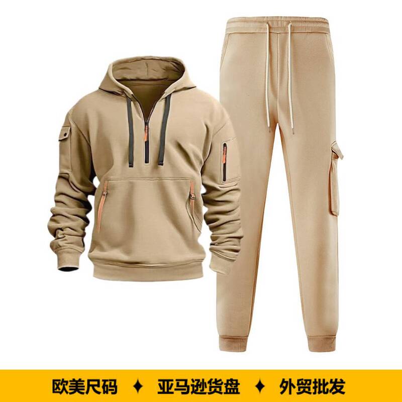 Cross-Border New Autumn and Winter Men's Fleece Sweatshirt Fashion Hoodie with Zipper and Multiple Pockets Carhartt Workwear Pants Set