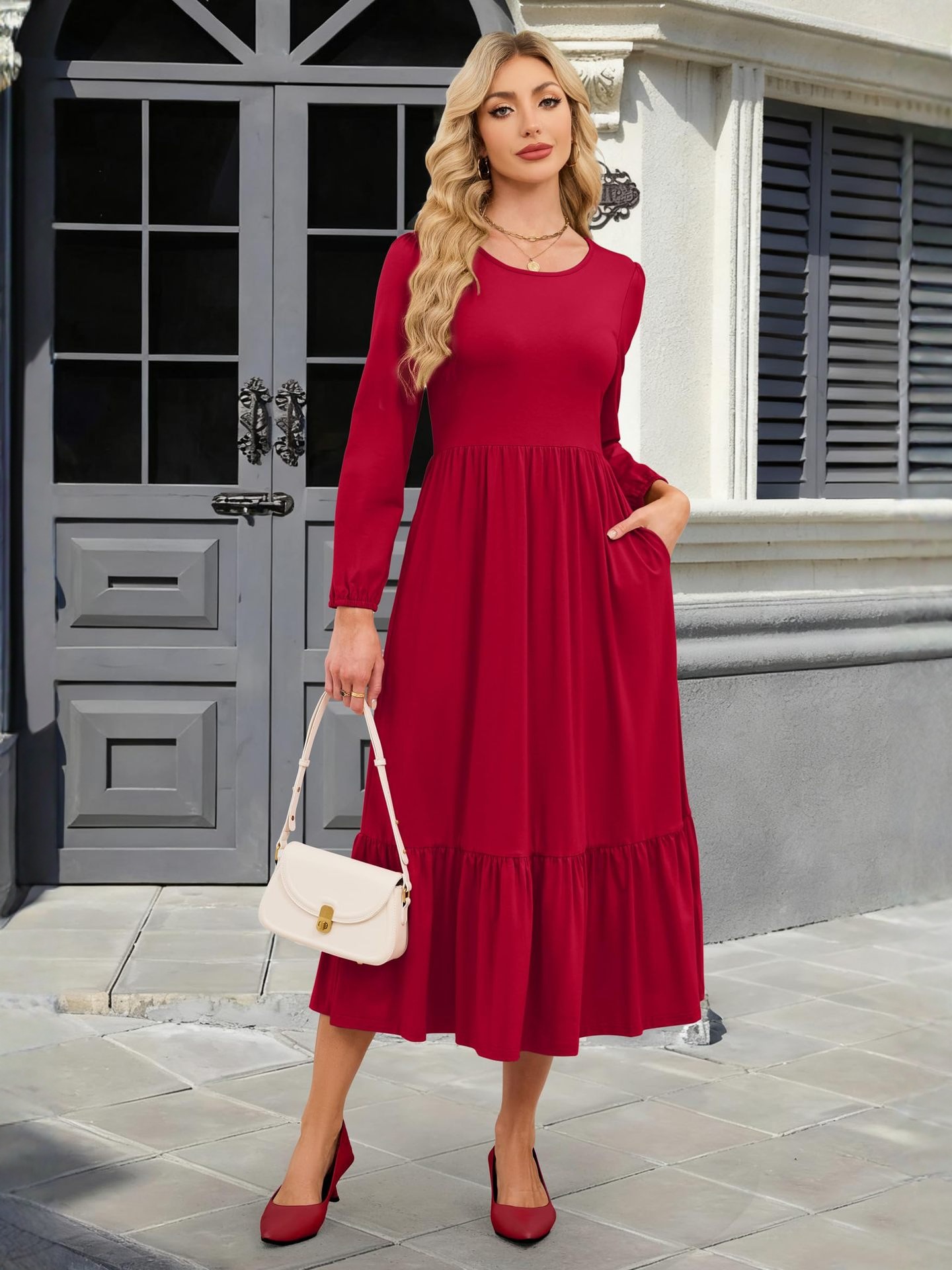 2025 otoño nuevo vestido de embarazo de mangas largas de color sólido vestido casual cuello redondo elegante de embarazo largo