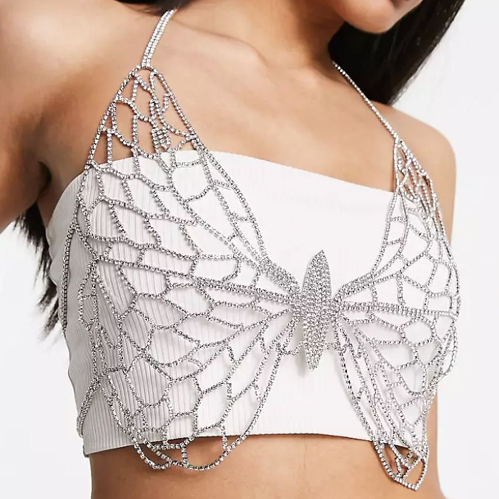 Cadena de pecho de diamantes de imitación de moda transfronteriza europea y americana sexy exagerada gran mariposa Halter accesorios de pecho accesorios de Bikini cadena