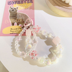 少女心粉水晶珠珠鏈條鑰匙扣掛鏈通用手機殼手工串珠手機掛繩飾品