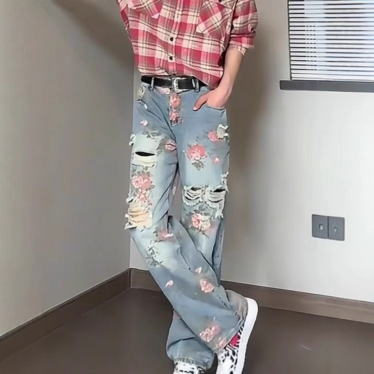 满印玫瑰花朵牛仔裤男款夏季美式复古裤子慵懒风松弛感阔腿微喇裤