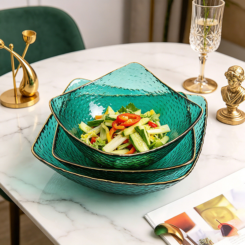 Nordic Style Gold-Rimmed Square Bowl, Glass Colorful Salad Bowl, Transparent Hammered Dessert Bowl, Creative and Unique Tableware