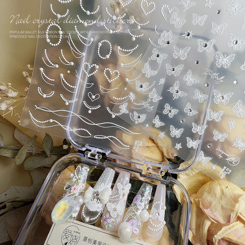 Pegatinas para decoración de uñas, venta directa de fábrica de celebridades de Internet, nueva estrella francesa con corazón de diamante, serpentina de perlas, encaje, estilo simple
