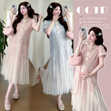 实拍显瘦网纱蕾丝重工夏季显瘦孕妇连衣裙