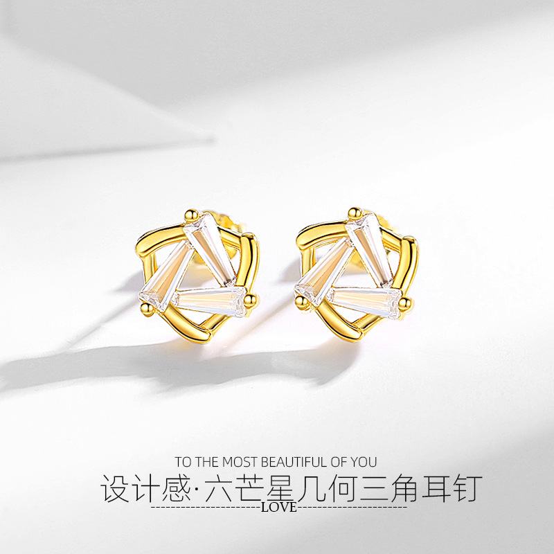 S925 pendientes de plata esterlina hembra seis Mong estrella diseño sentido japonés y coreano viento geométrico triángulo diamante pendientes