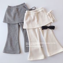 加绒秋冬新品女宝宝侧边绑带长裤女童假两件喇叭裤女孩纯色弹力裤