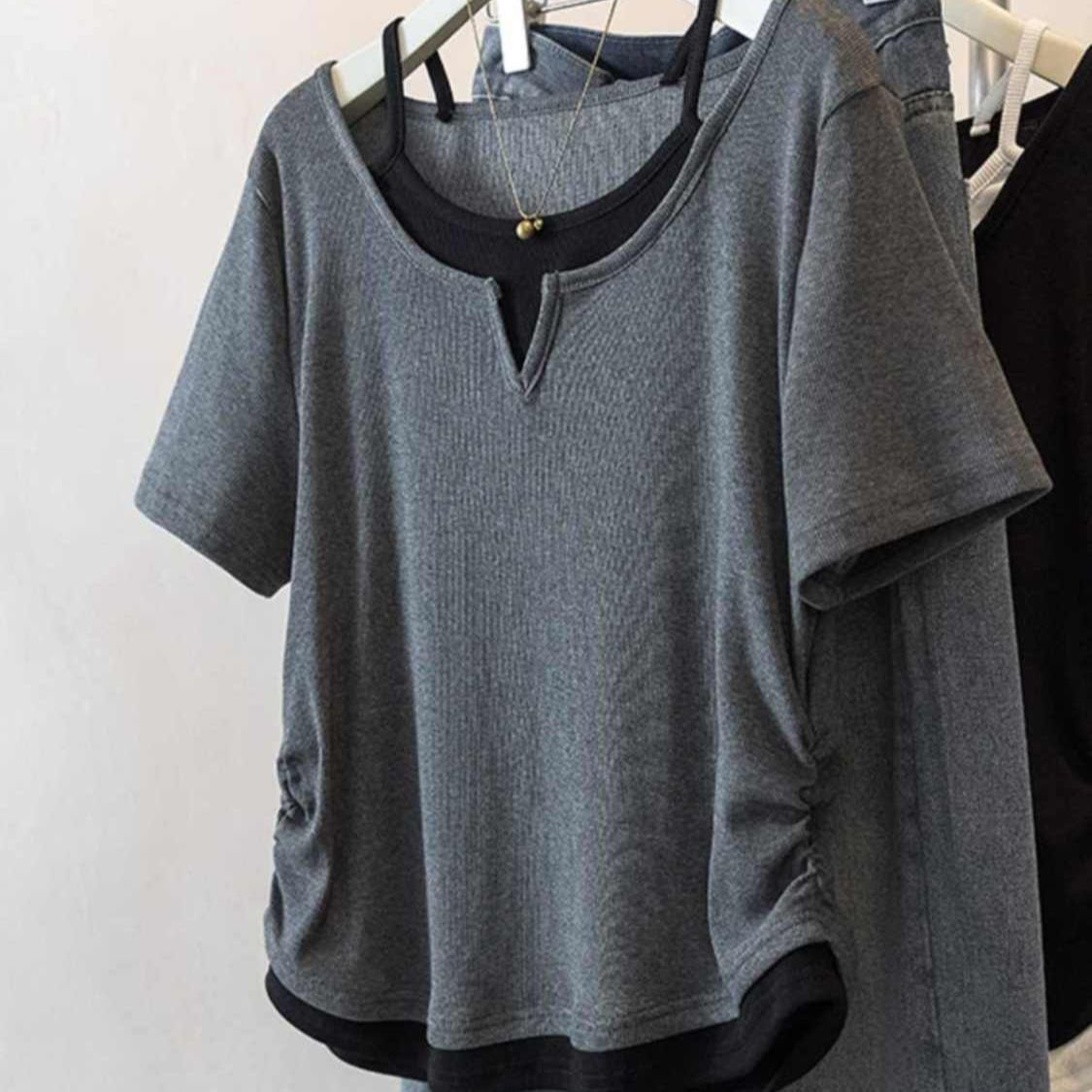 Plus-Size Stylish Two-Piece Look Short-Sleeve T-Shirt for Women, Summer New Style, Loose Fit, Slimming, Tummy-Covering, Versatile Top