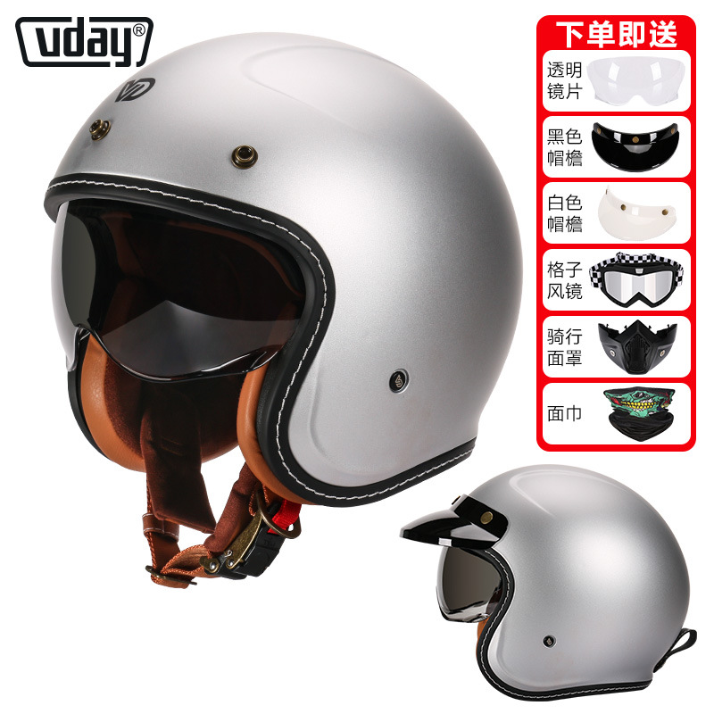 Motuoche – Retro Electric Motosiklet kaskı (dəbilqə) - va-1-matte-titanium-silver-gray-gift-visor-brim-black-goggles-mask-scarf-m-53-54cm