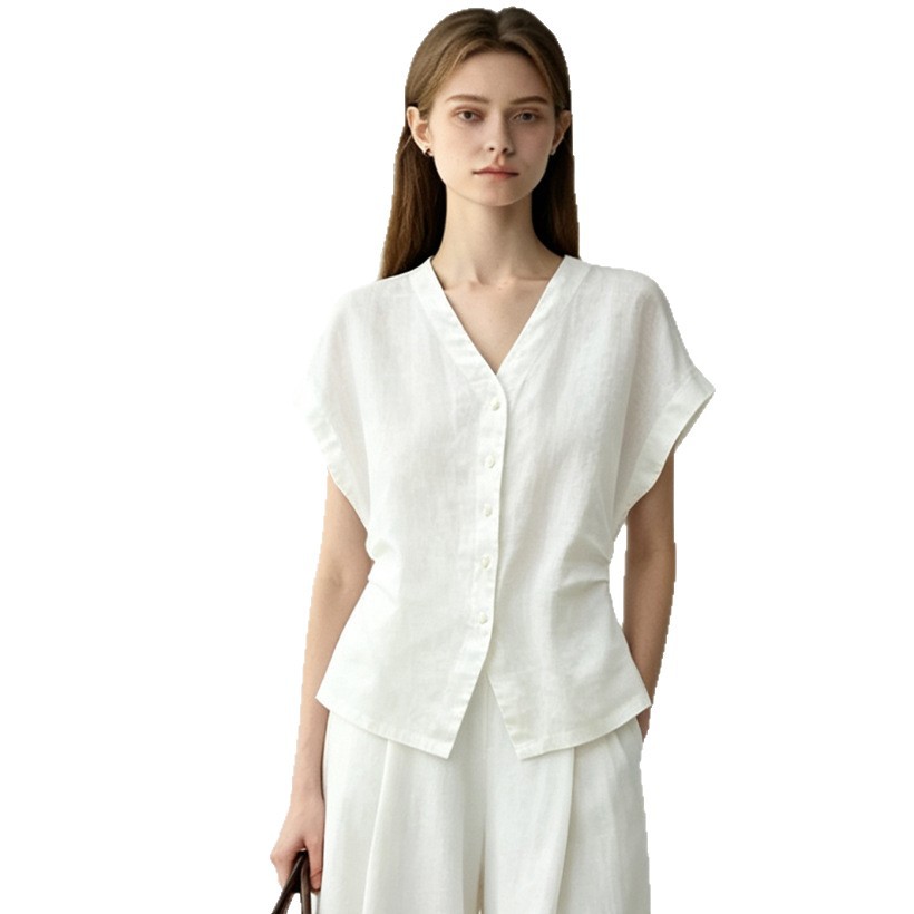 French-Style Linen Shirt for Women, New Summer Model, Slim-Fit, Elegant Blouse, Short-Sleeve Top, High-End Old Money Style