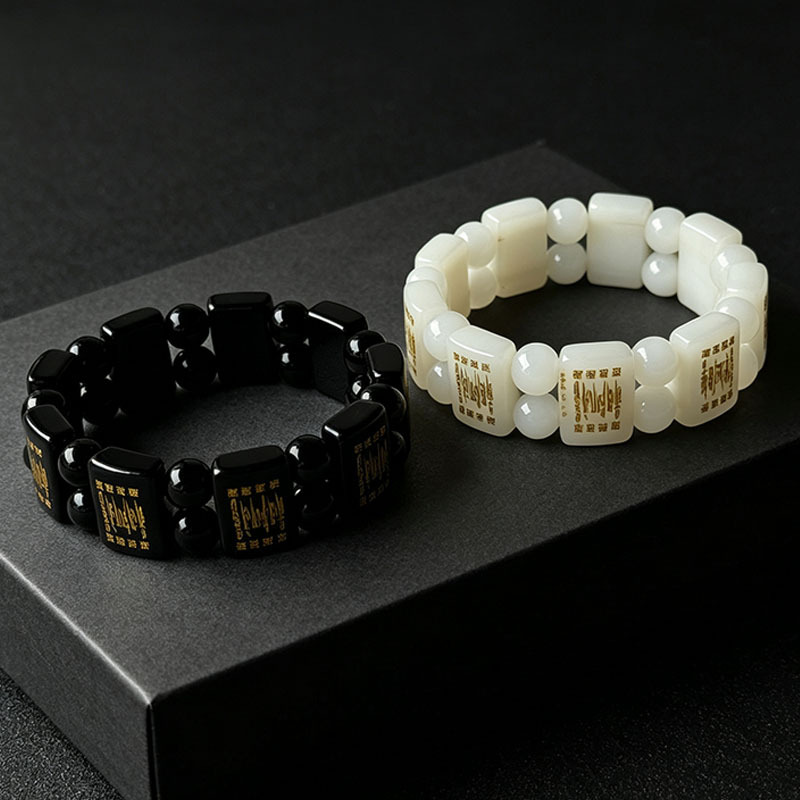 Imitation Obsidian Six-Word Mantra Double-Row Bracelet with Gold-Plated Pattern, Men's Square Pendant Bracelet, Popular Live-Stream Jewelry Imitation Obsidian Six-Word Mantra Double-Row Bracelet with Gold-Plated Pattern, Men's Square Pendant Bracelet, Popular Live-Stream Jewelry