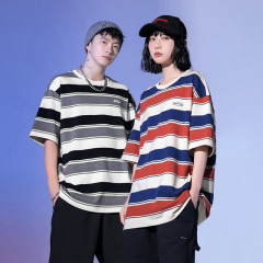 Hanlu 日本メンズストライプカップル Tシャツ男性と女性のための 2025 夏のトレンディな新しいスタイルルーズコントラストカラー半袖 Tシャツ