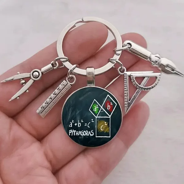 Fashionable Compass, Ruler, Triangle Ruler, Fountain Pen, Exquisite Mathematical Theme Pattern, Round Glass Pendant Keychain
