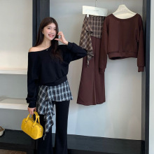 2025秋冬女装大码高级感斜肩卫衣女复古胖MM高腰微喇裤子套装
