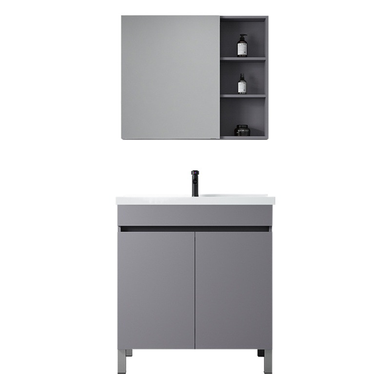 Gris simple piso de madera maciza gabinete de baño balcón baño lavabo con lavabo de cerámica combinación de gabinete