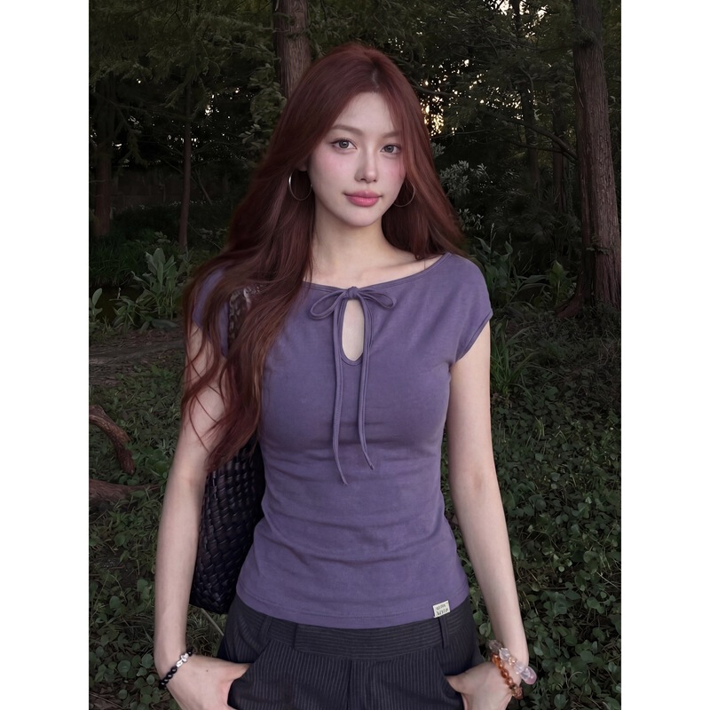 [260g Rayon Modal] Korean Style Hollow-Out Tie-Up Spicy Girl Short-Sleeve T-Shirt for Women, Summer Slim-Fit Exquisite Top