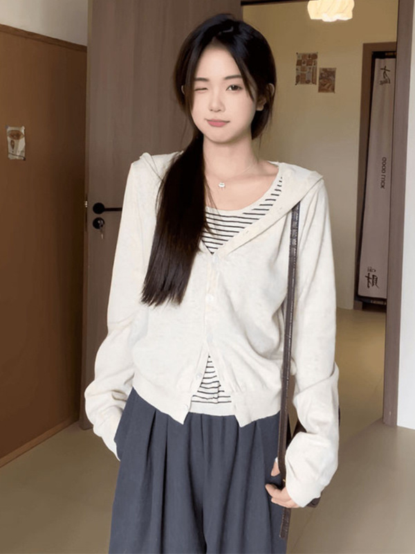 撞色条纹连帽假两件长袖针织衫女2025早秋新款设计感叠穿毛衣上衣|undefined