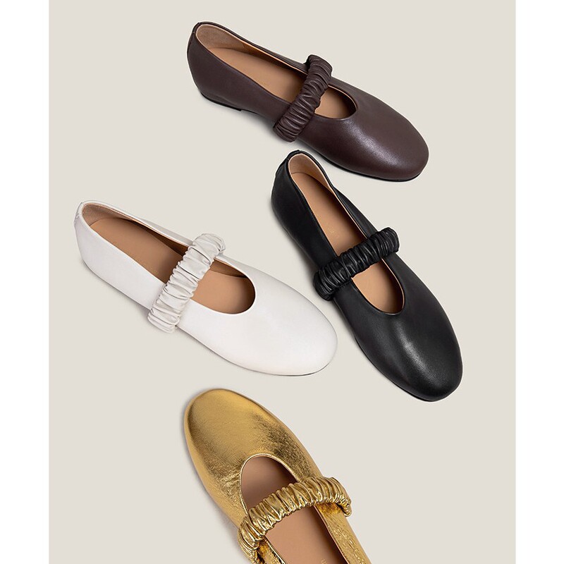 Sheepskin Vintage Style Pleated Elastic Band Flat Ballet Shoes for Women, Round Toe Soft Sole Shallow Mary Jane Shoes