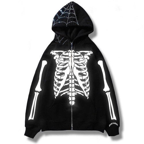 Punk Dark Y2K Print Skeleton Spiderweb Hooded Sweatshirt Design-Oriented Niche Streetwear Brand
