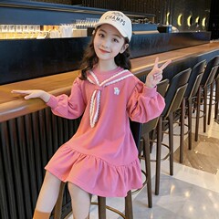 韓国の女の子の秋の服のワンピースの2024洋気の子供の王女のスカートの春秋の中で大きい子供の女の子の中で長いスカート